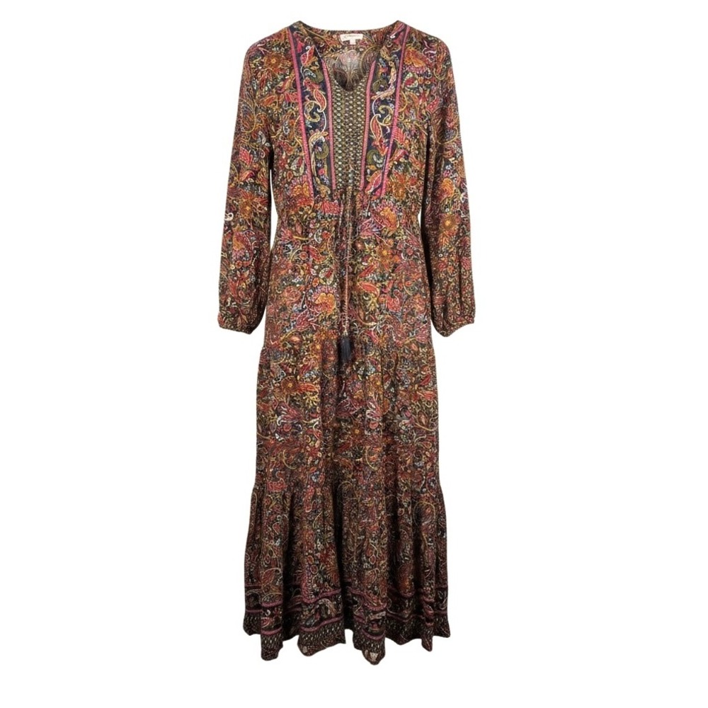 boemo Paisley Print V Neck Maxi Dress Long Sleeve Tiered Boho Festival‎ Size L
